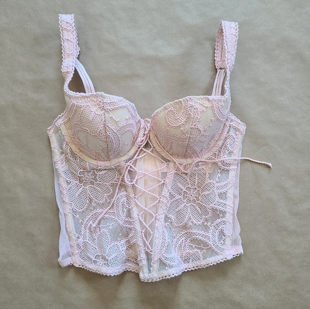 Victoria’s Secret NWT Pink Lace Corset Top Bustier Floral Sheer Size 34B